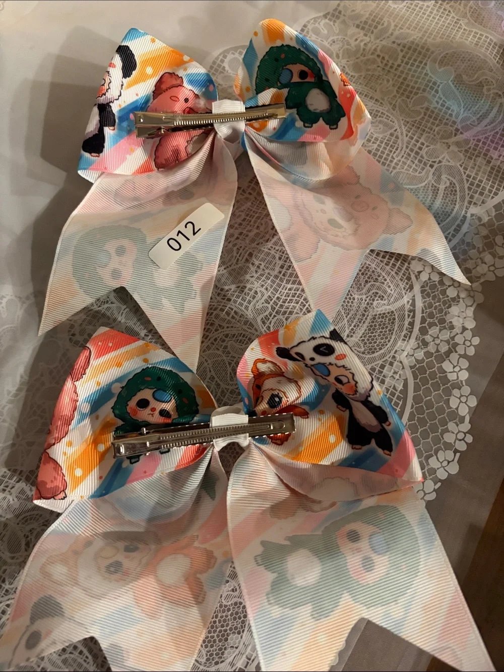 012, Kids Character Print Hair 2 Bows - Pink, Green, Orange